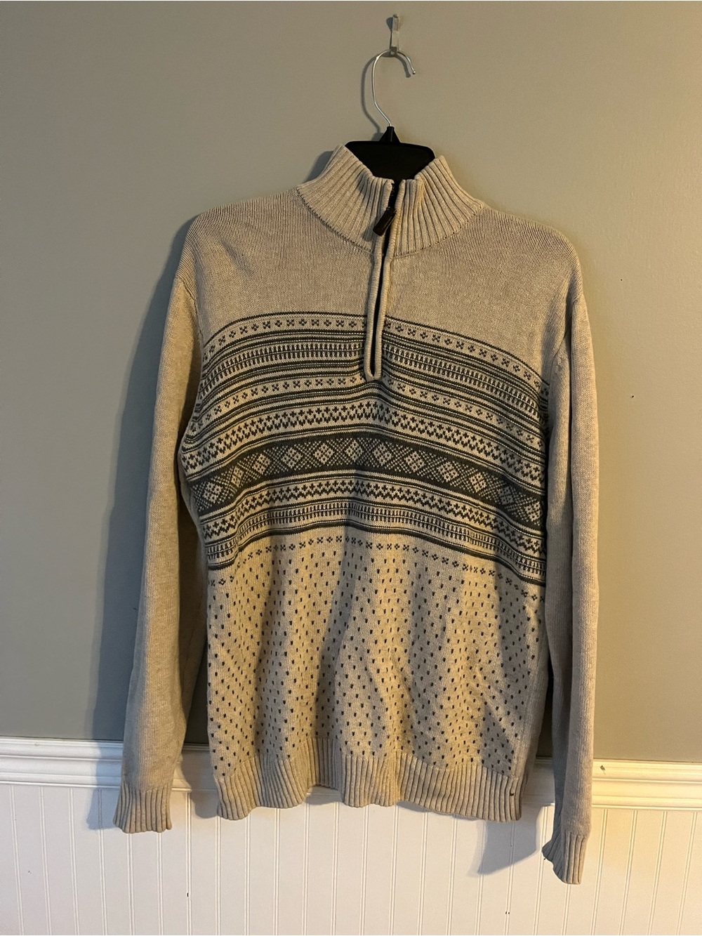 Oscar de la Renta Beige and Black Zip-Neck Fair Isle Sweater